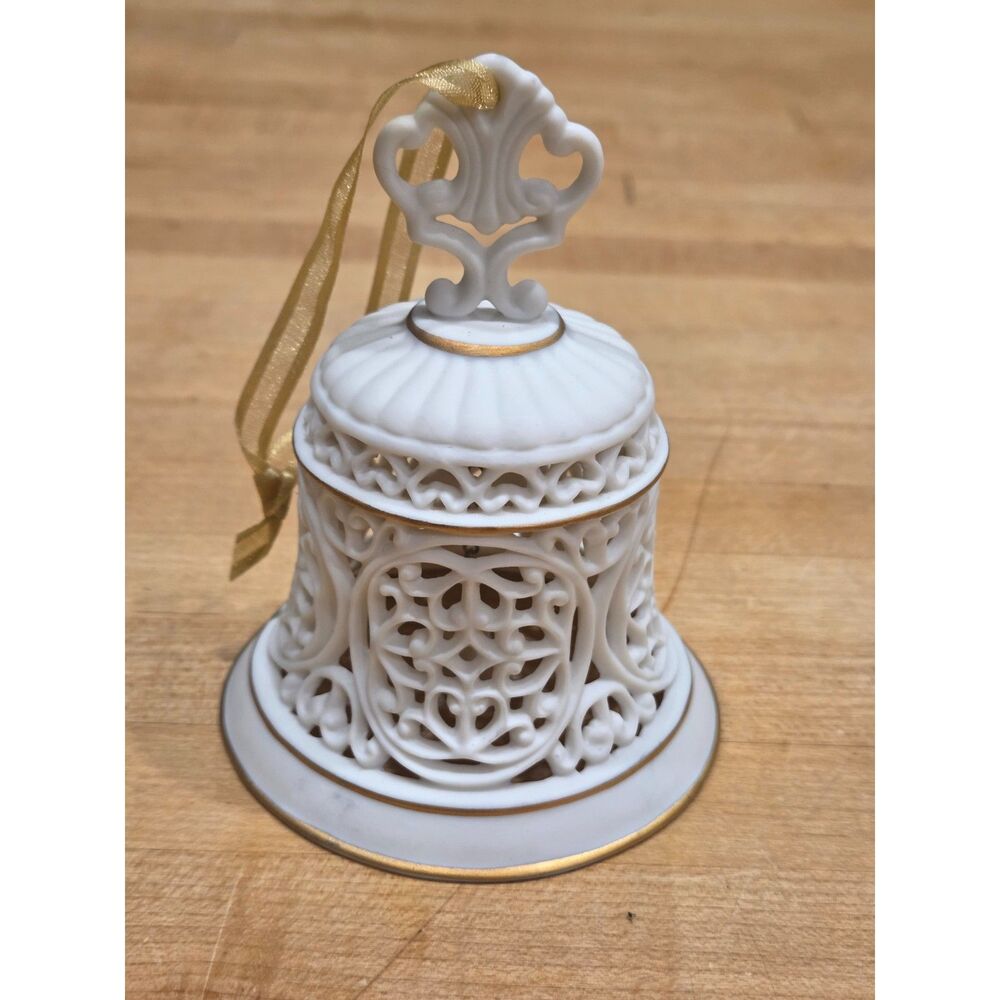 Wedgwood 2004 Pierced Bell Christmas Ornament White Porcelain Gold Trim Filigree